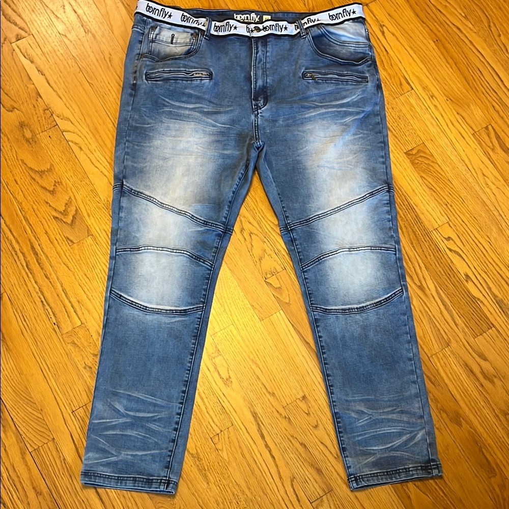 -Born Fly Premium Design Zipper Distressed 8 Pocket Denim Jeans Men's W46 L33